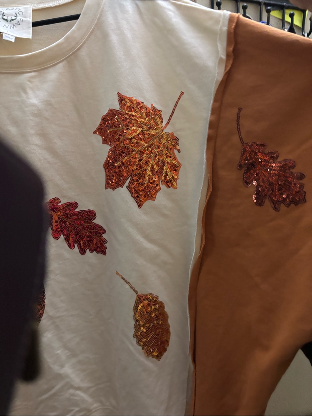 Fantastic Fawn Colorblock Sequin Fall Leaves Cotton Sweatshirt Oversized large - Picture 5 of 6